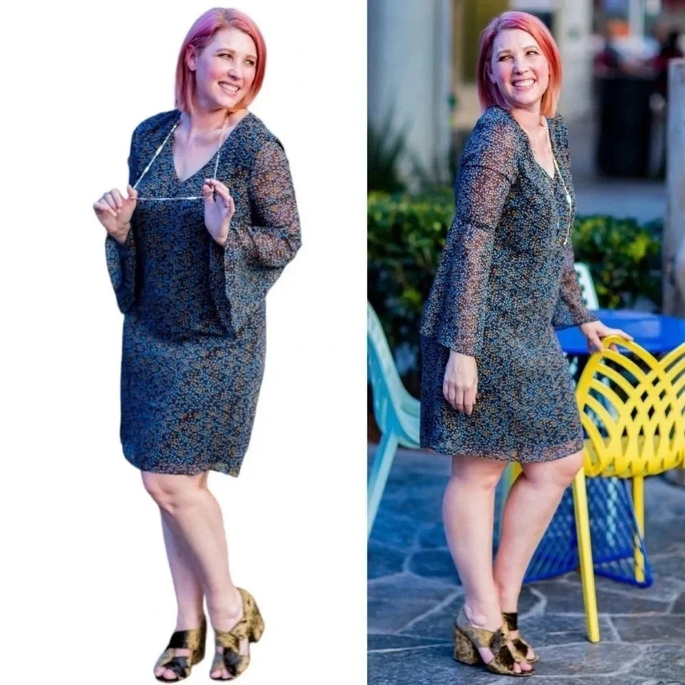 CAbi Poise Ditsy Floral Chiffon Bell Sleeve Dress